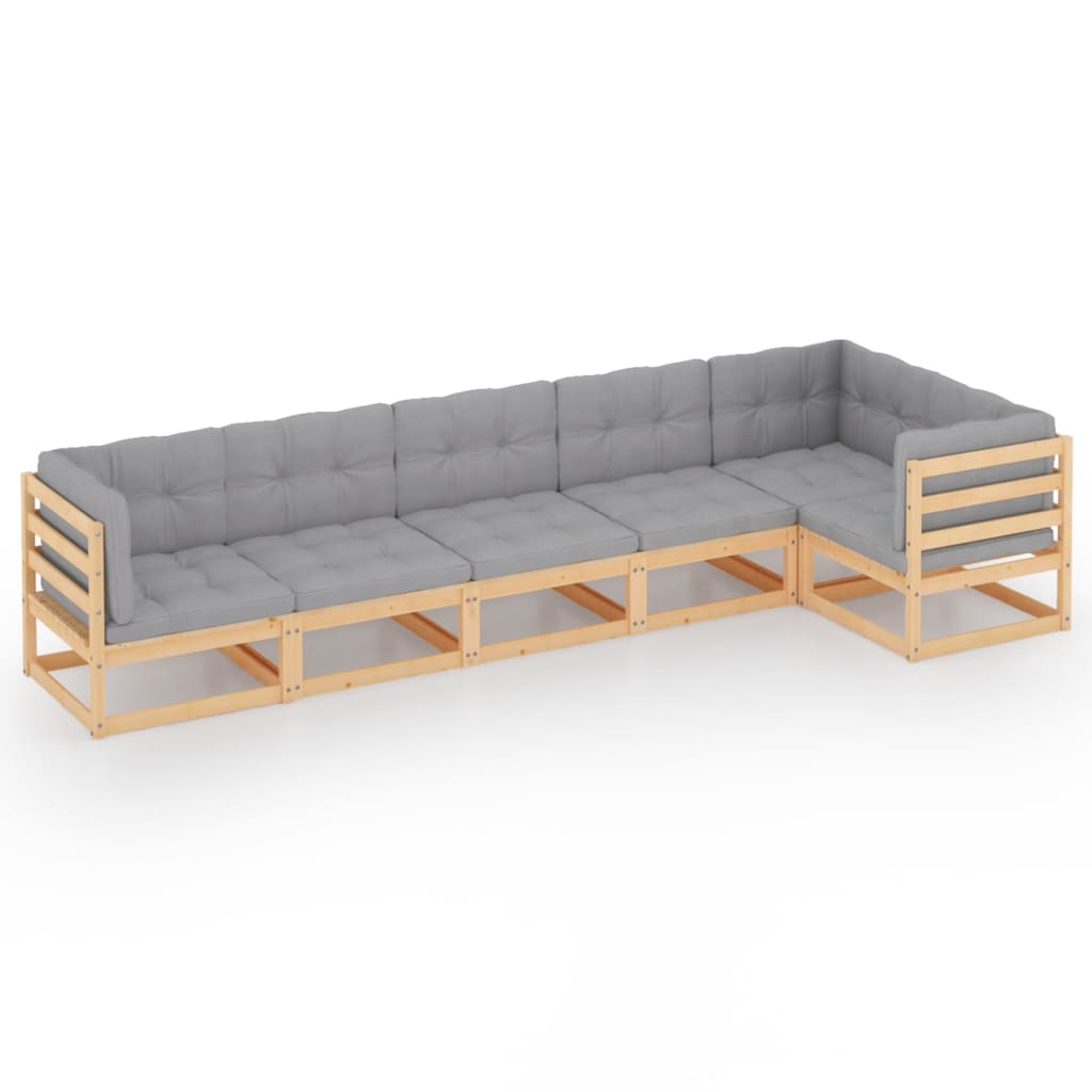 Set mobilier de terasa 6 piese canapea pe colt cu fotoliu, vidaXL, Lemn masiv de pin-Poliester, Maro si perne gri