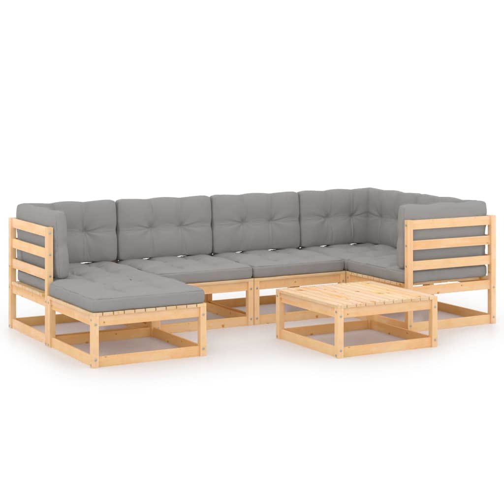 Set mobilier de terasa 7 piese canapea U cu perne si masuta, vidaXL, Lemn masiv de pin si Poliester, Maro cu perne gri