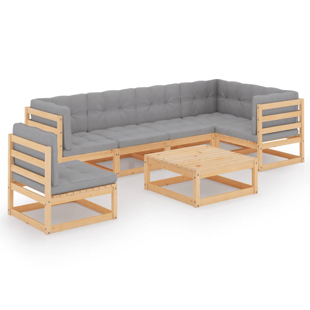 Set mobilier de terasa 7 piese canapea pe colt cu perne si cu masuta, vidaXL, Lemn masiv de pin-Poliester, Maro si perne gri