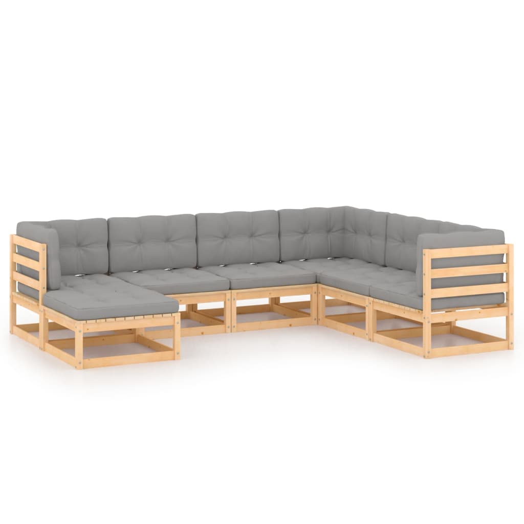 Set mobilier de terasa 7 piese canapea de colt cu perne, vidaXL, Lemn masiv de pin si Poliester, Maro cu perne gri