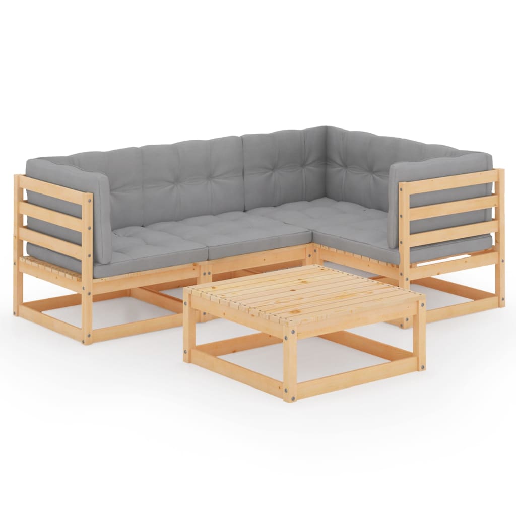 Set mobilier de terasa sau balcon 5 piese canapea L cu perne si masuta, vidaXL, Lemn masiv de pin-Poliester, Maro si perne gri