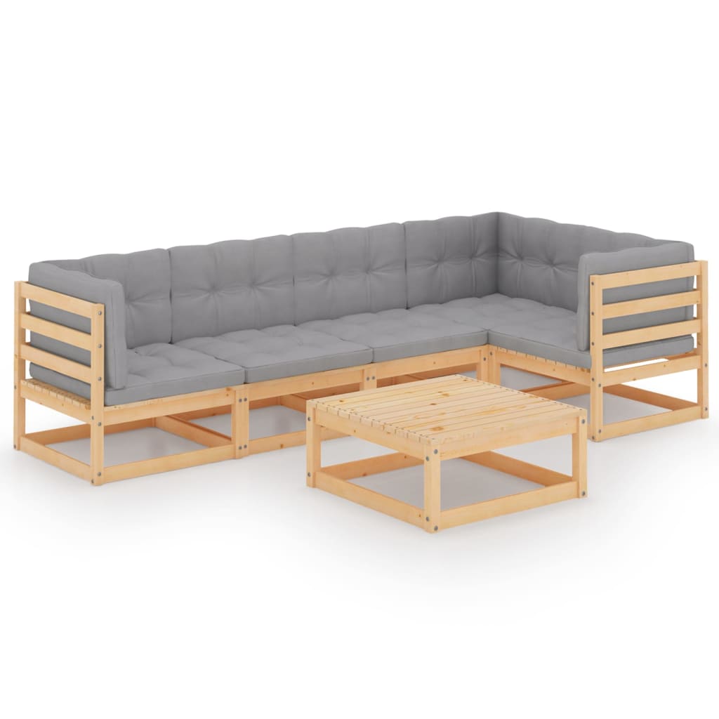 Set mobilier de terasa 6 piese canapea pe colt in L cu masuta, vidaXL, Lemn masiv de pin-Poliester, Maro si perne gri