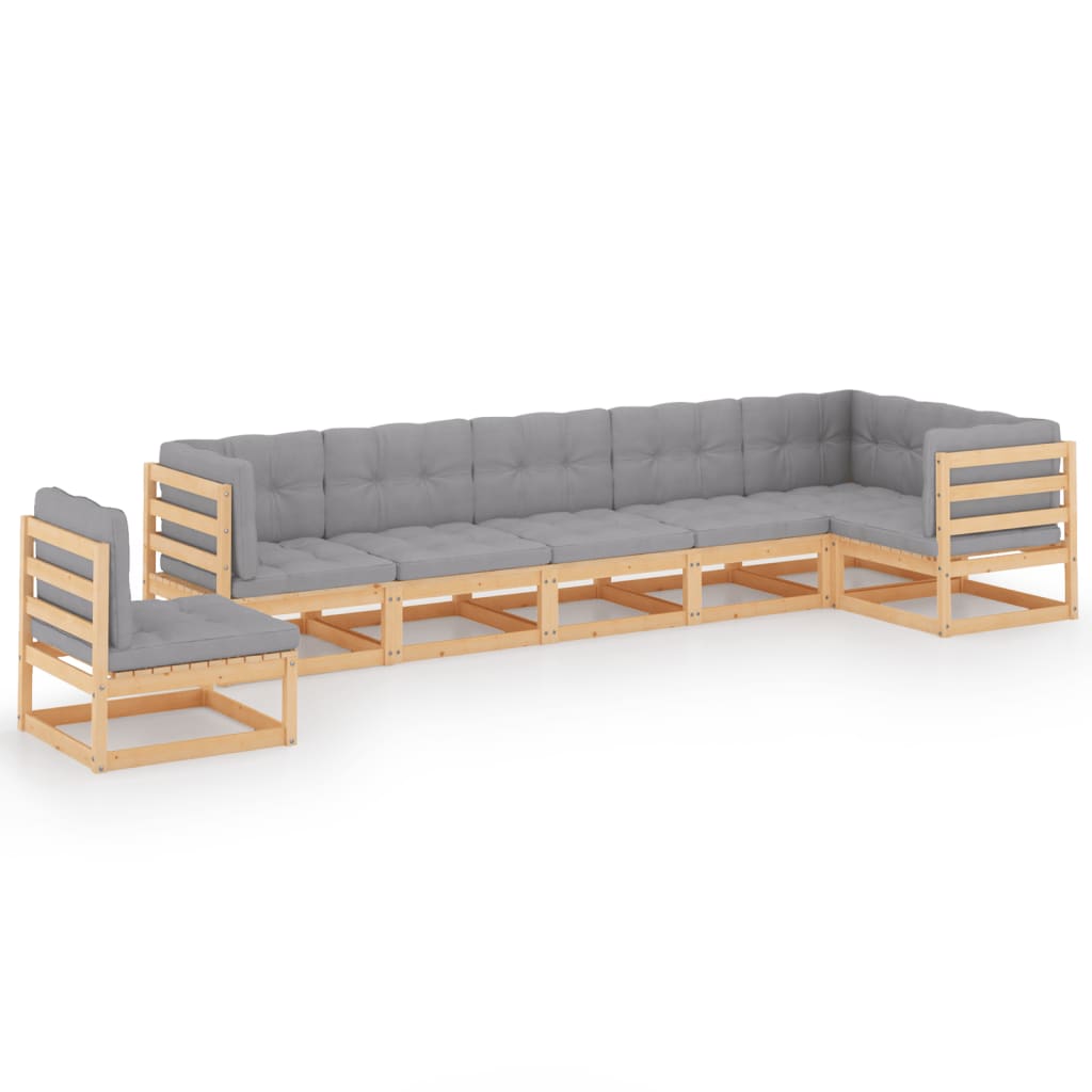 Set mobilier de terasa 7 piese set 2 canapele cu perne, vidaXL, Lemn masiv de pin-Poliester, Maro si perne gri