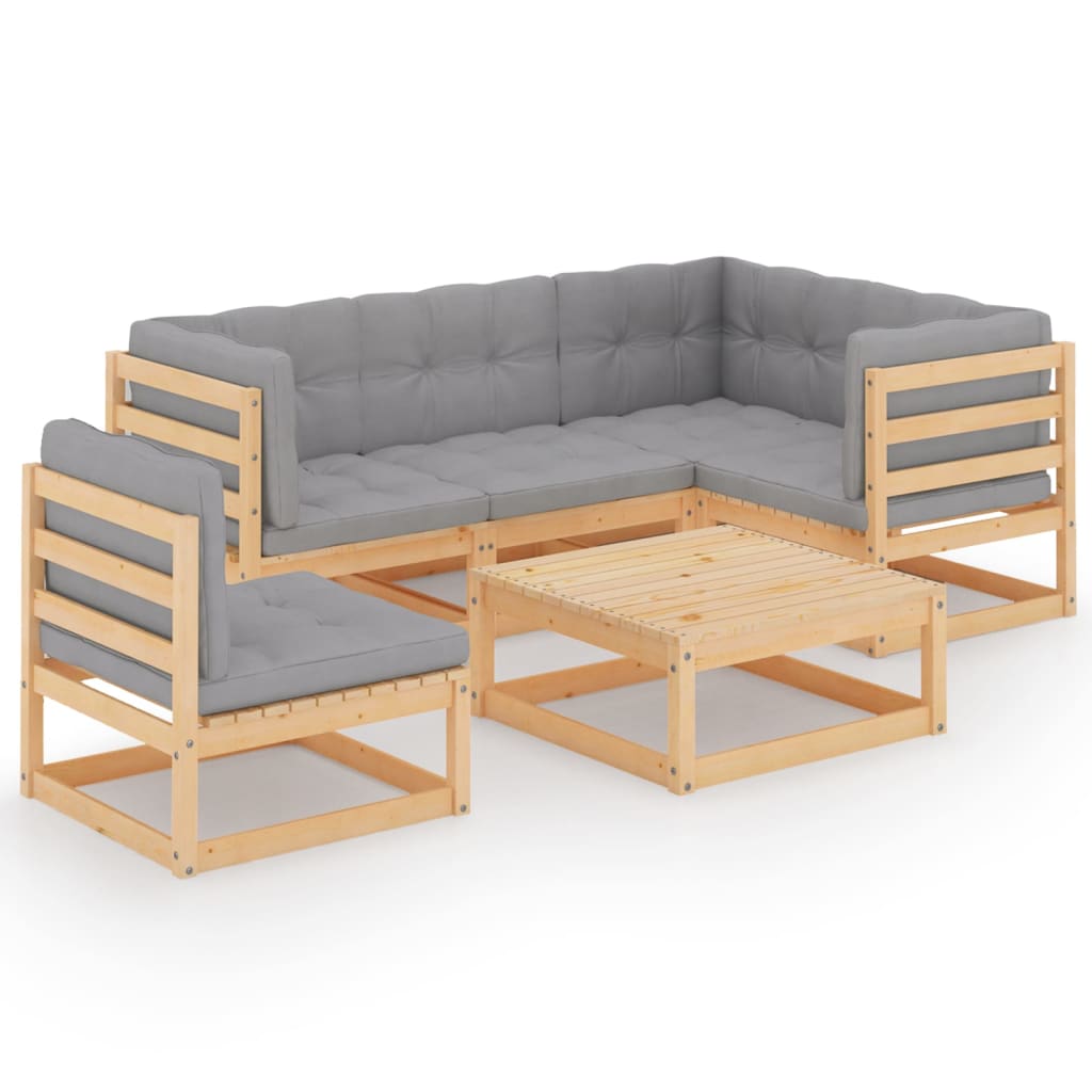 Set mobilier de terasa 6 piese canapea pe colt cu fotoliu si masuta, vidaXL, Lemn masiv de pin-Poliester, Maro si perne gri