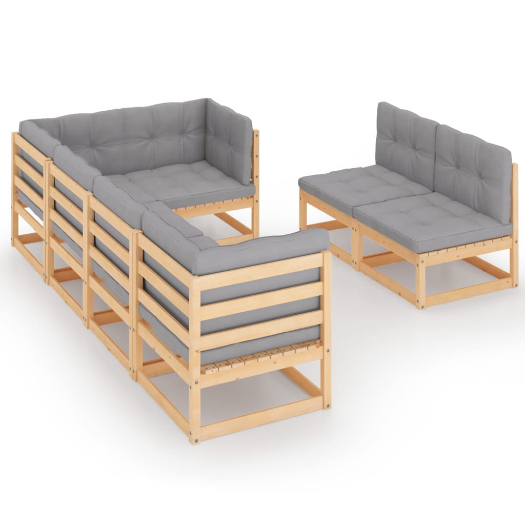 Set mobilier de terasa 7 piese canapea pe colt cu perne, vidaXL, Lemn masiv pin-Poliester, Maro si perne gri
