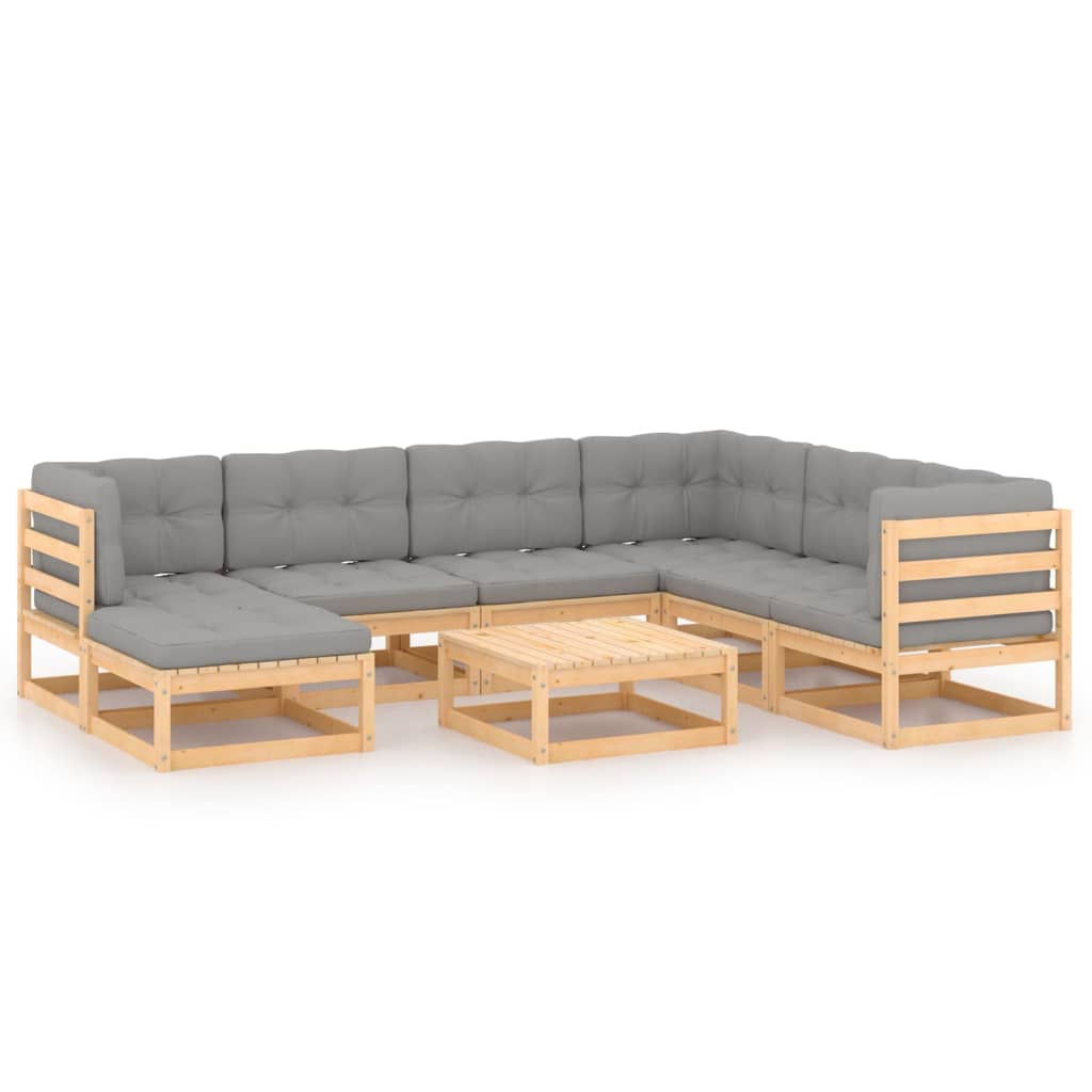 Set mobilier de terasa 8 piese canapea de colt cu perne si masuta, vidaXL, Lemn masiv de pin si Poliester, Maro cu perne gri