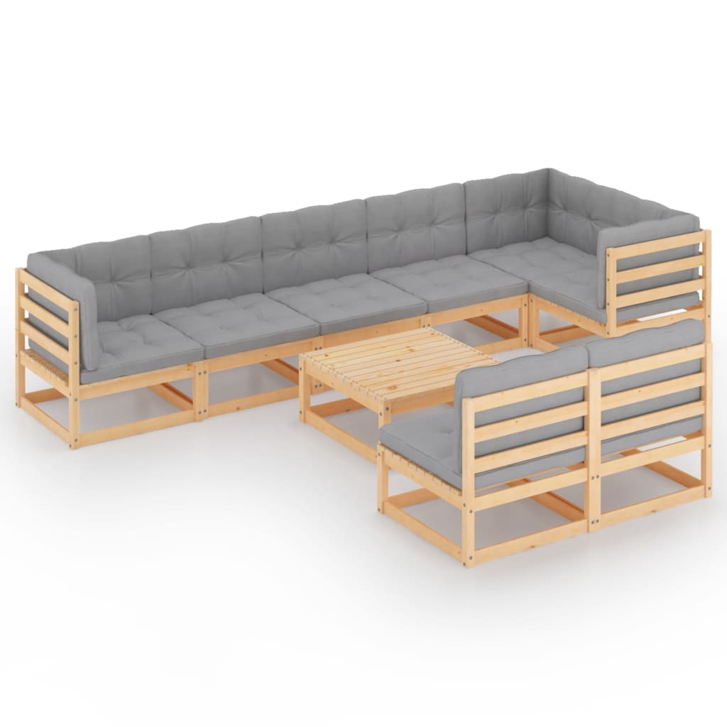 Set mobilier de terasa 8 piese canapea pe colt cu perne, fotoliu si masuta, vidaXL, Lemn masiv de pin-Poliester, Maro/perne gri