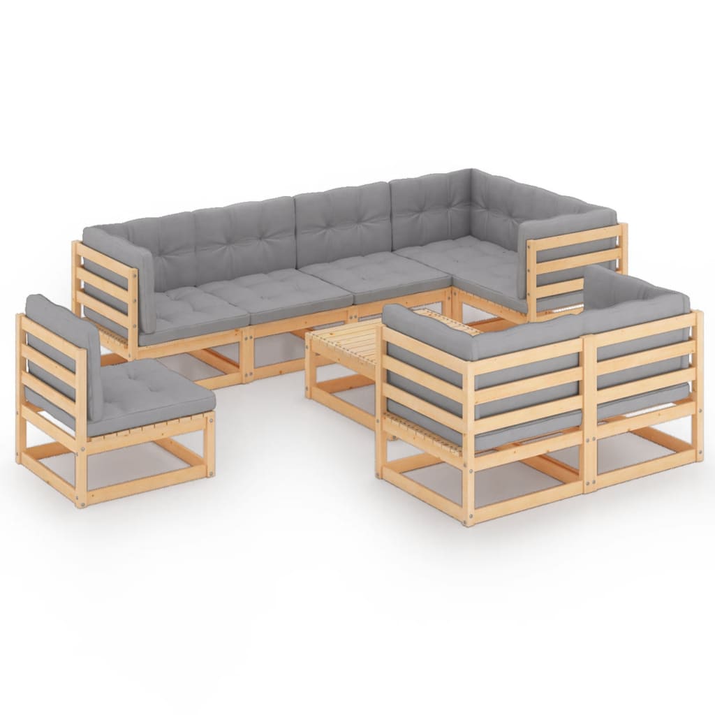 Set mobilier de terasa 9 piese canapele cu perna, vidaXL, Lemn masiv de pin si Poliester, Maro cu perne gri