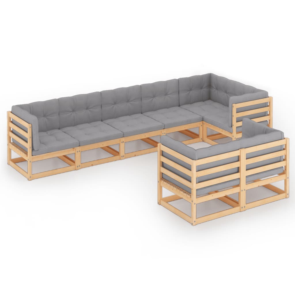 Set mobilier de terasa 8 piese canapele cu perne si fotoliu, vidaXL, Lemn masiv de pin-Poliester, Maro si perne gri
