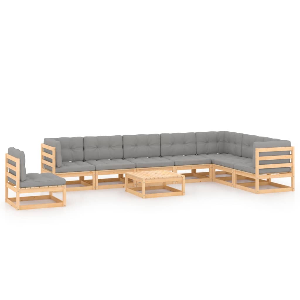 Set mobilier de terasa 9 piese canapea de colt cu perne sezut si spatar cu masuta si fotoliu, vidaXL, Lemn masiv de pin si Poliester, Maro cu perne gri