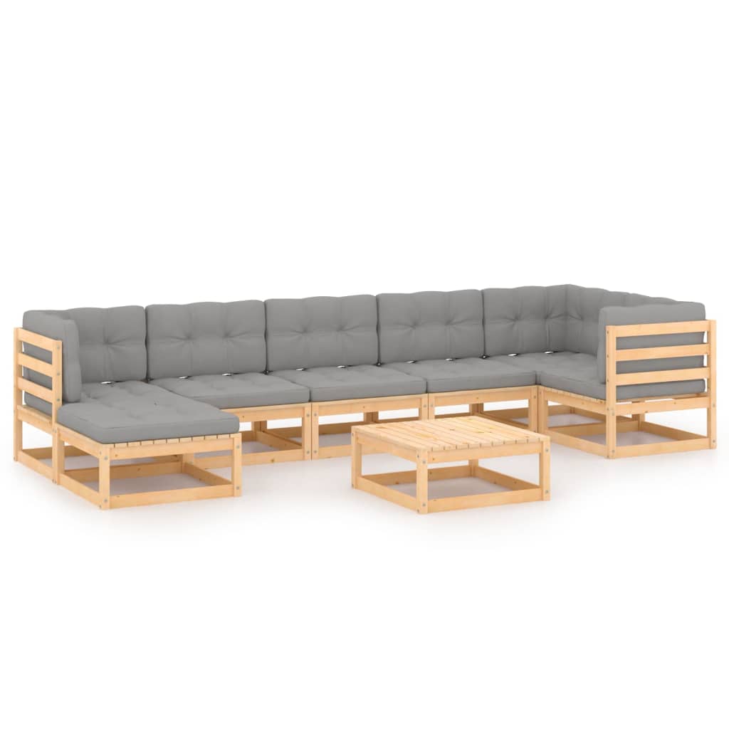 Set mobilier de terasa 8 piese canapea U cu perne si masuta, vidaXL, Lemn masiv de pin si Poliester, Maro cu perne gri