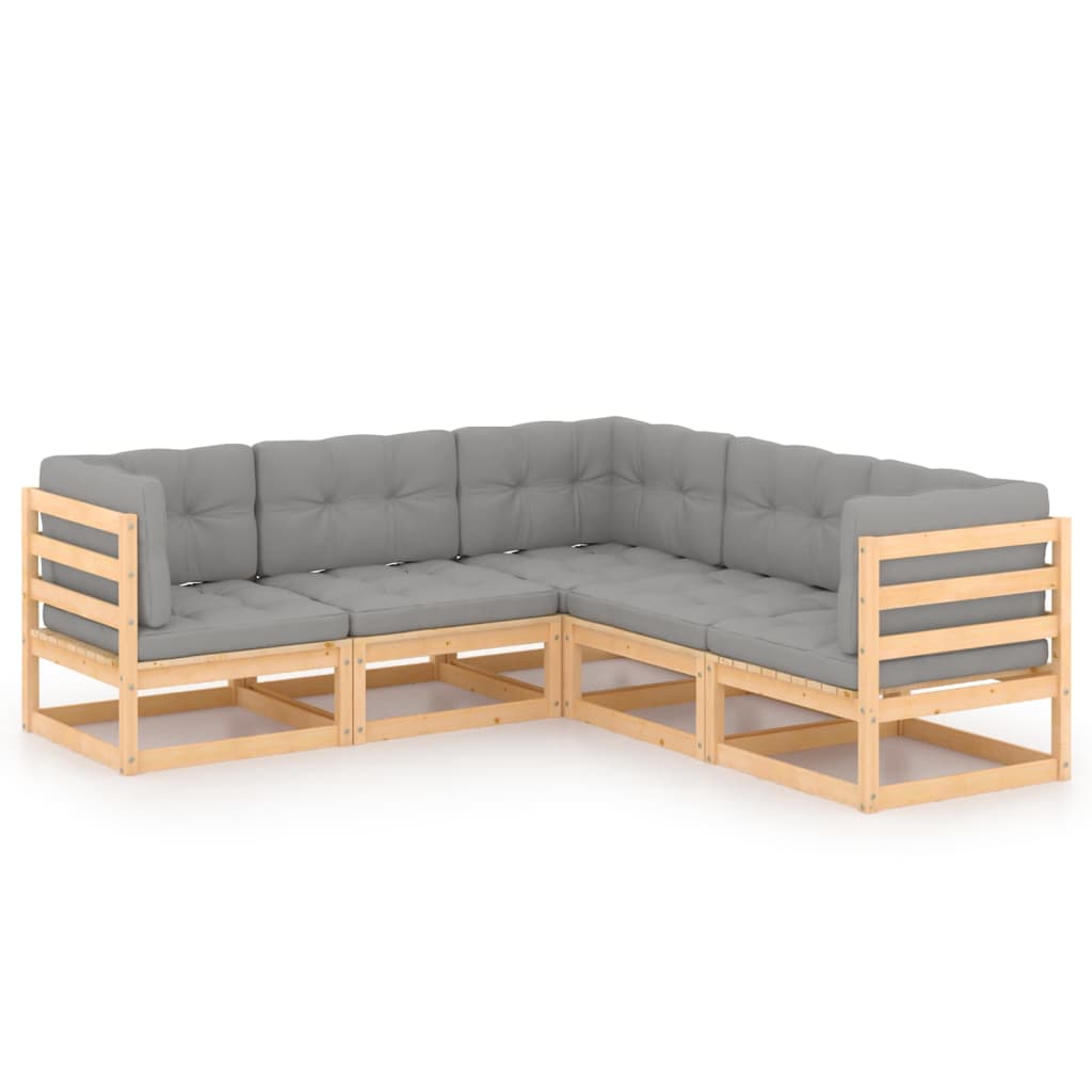Set mobilier de terasa 5 piese canapea de colt cu perne, vidaXL, Lemn masiv de pin si Poliester, Maro cu perne gri