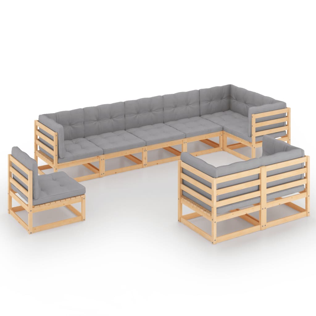 Set mobilier de terasa 9 piese 2 canapele cu perne, vidaXL, Lemn masiv de pin si Poliester, Maro cu perne gri