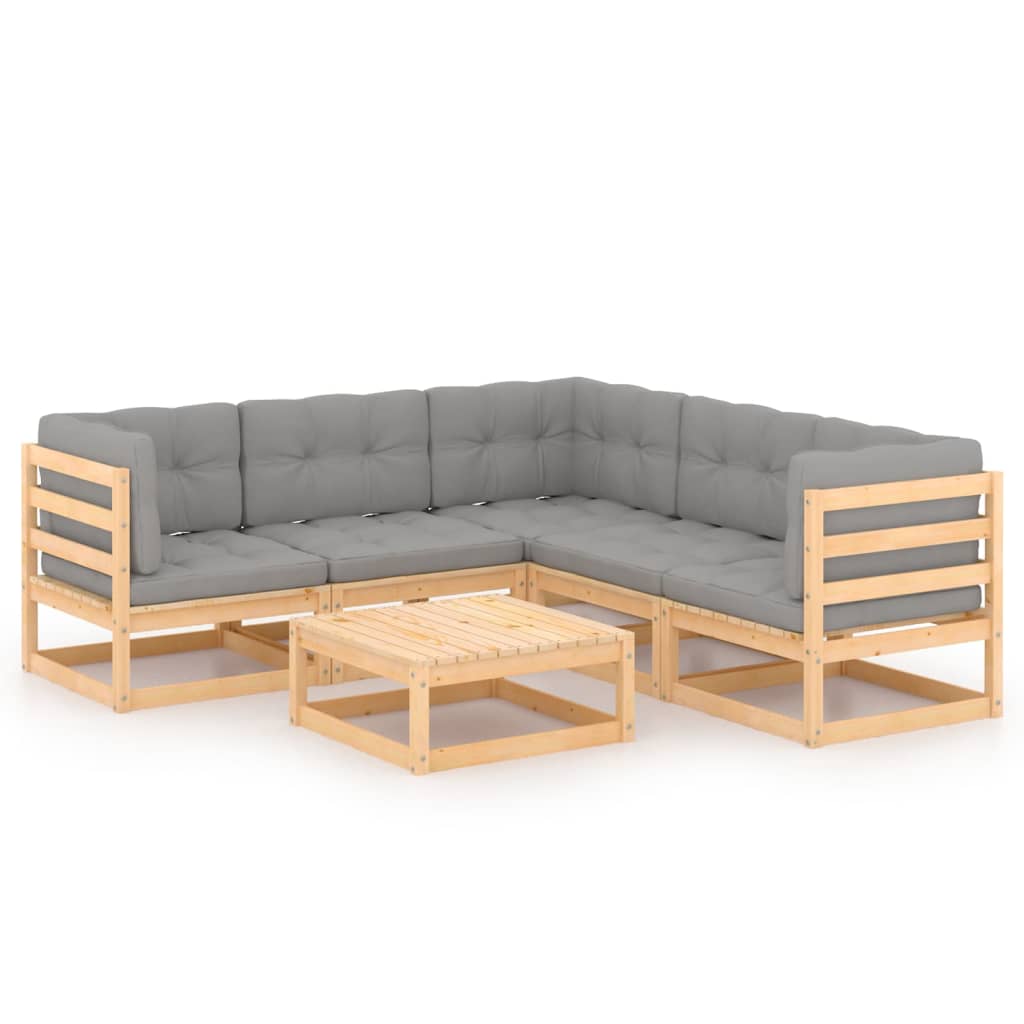 Set mobilier de terasa 6 piese canapea de colt cu perne si masuta, vidaXL, Lemn masiv de pin si Poliester, Maro cu perne gri