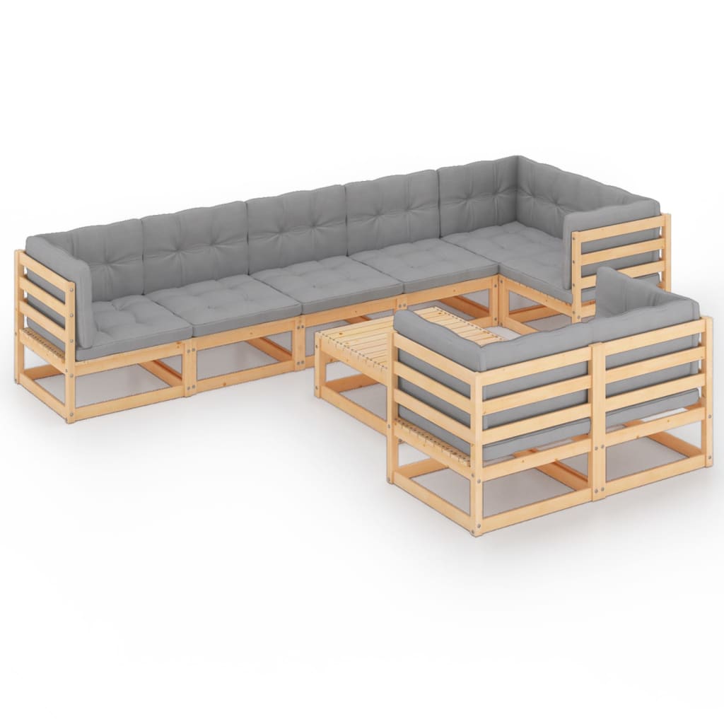 Set mobilier de terasa 9 piese canapele cu perne si fotoliu si masuta, vidaXL, Lemn masiv de pin-Poliester, Maro si perne gri