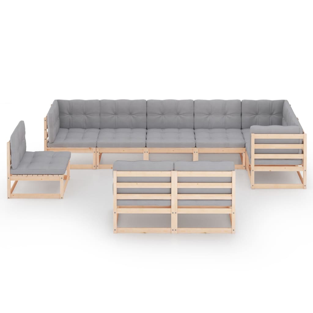 Set mobilier de terasa 9 piese canapea L cu perne si fotolii, vidaXL, Lemn masiv de pin-Poliester, Maro si perne gri