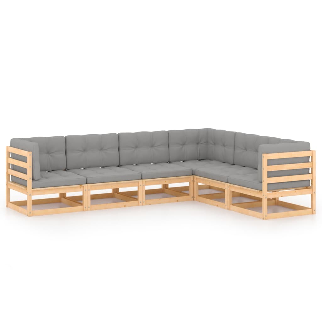 Set mobilier de terasa 6 piese canapea de colt cu perne sezut si spatar, vidaXL, Lemn masiv de pin si Poliester, Maro cu perne gri