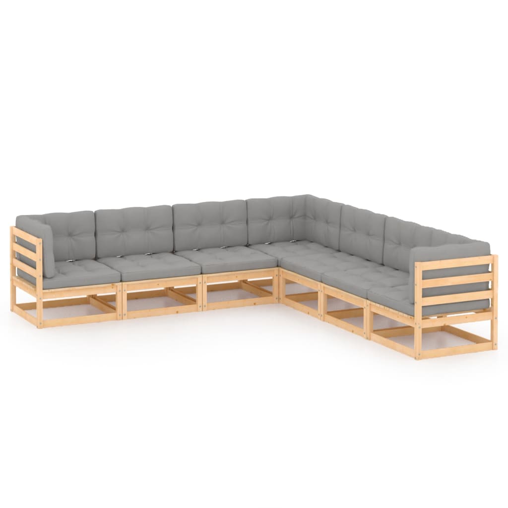 Set mobilier de terasa 7 piese canapea de colt cu perne, vidaXL, Lemn masiv de pin si poliester, Maro cu perne gri