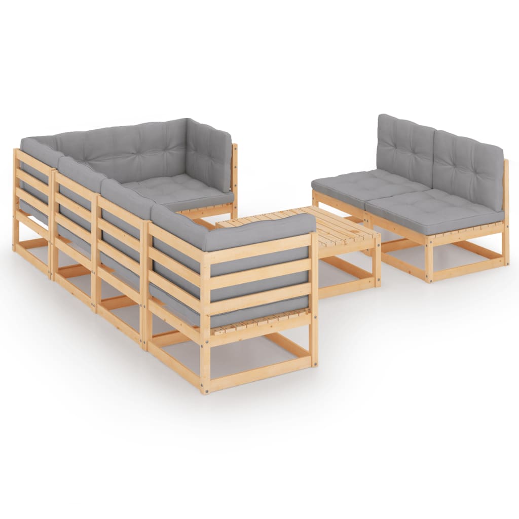 Set mobilier de terasa 8 piese set canapea in L cu perne cu masuta, vidaXL, Lemn masiv de pin-Poliester, Maro si perne gri