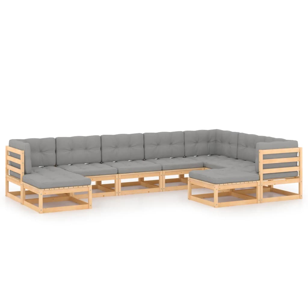 Set mobilier de terasa 9 piese canapea de colt cu perne sezut si spatar, vidaXL, Lemn masiv de pin si Poliester, Maro cu perne gri