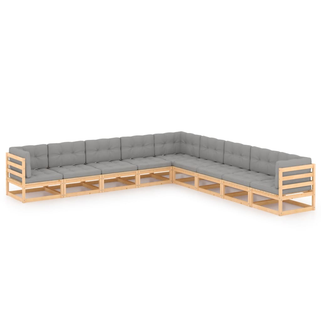 Set mobilier de terasa 9 piese canapea de colt cu perne, vidaXL, Lemn masiv de pin si poliester, Maro cu perne gri