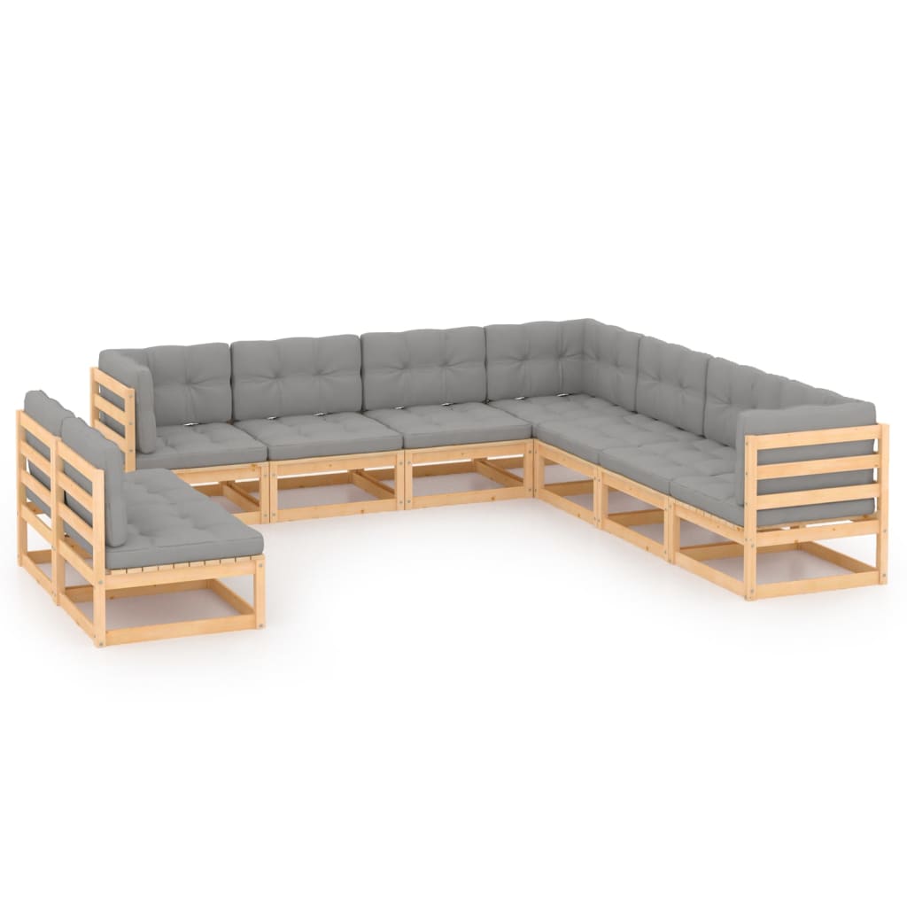 Set mobilier de terasa 9 piese canapele de colt cu perne, vidaXL, Lemn masiv de pin si poliester, Maro cu perne gri