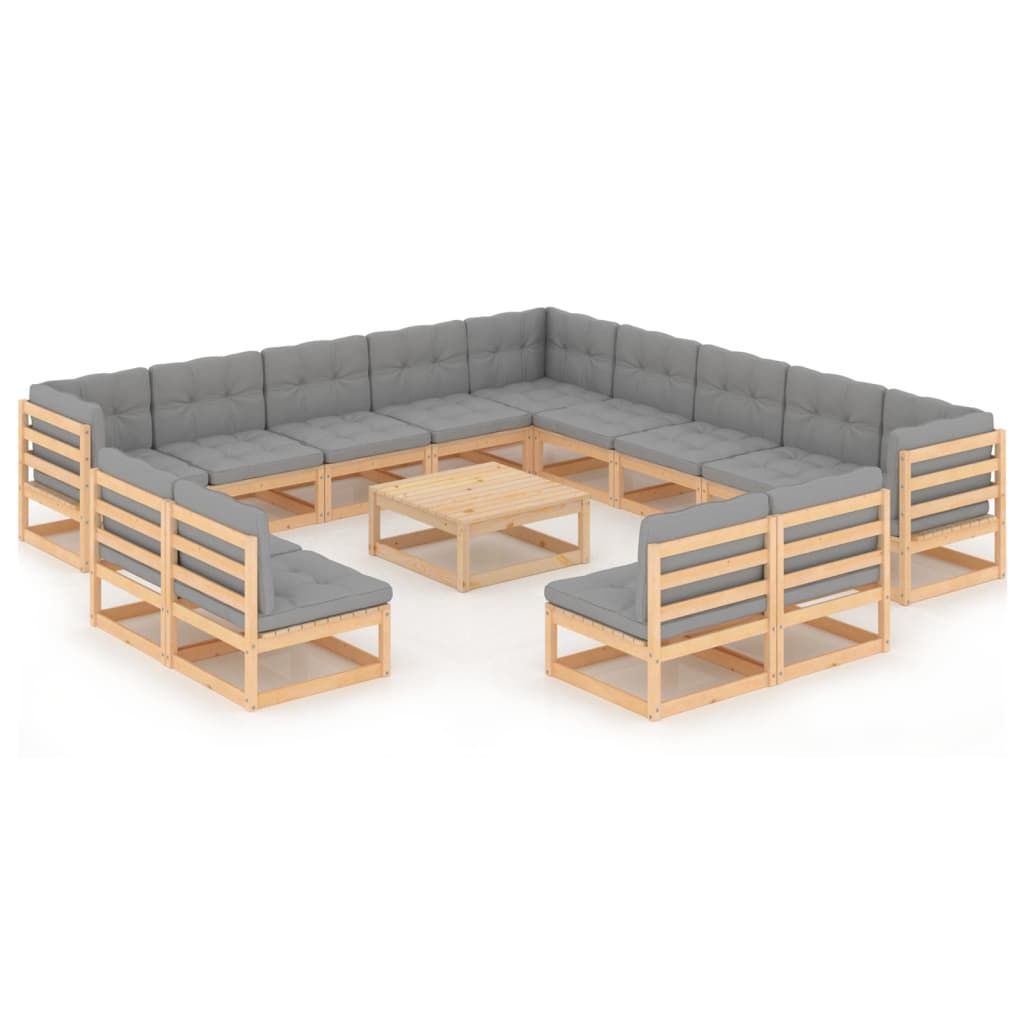 Set mobilier de terasa 14 piese 3 canapele cu perne si masuta, vidaXL, Lemn masiv de pin si poliester, Maro cu perne gri