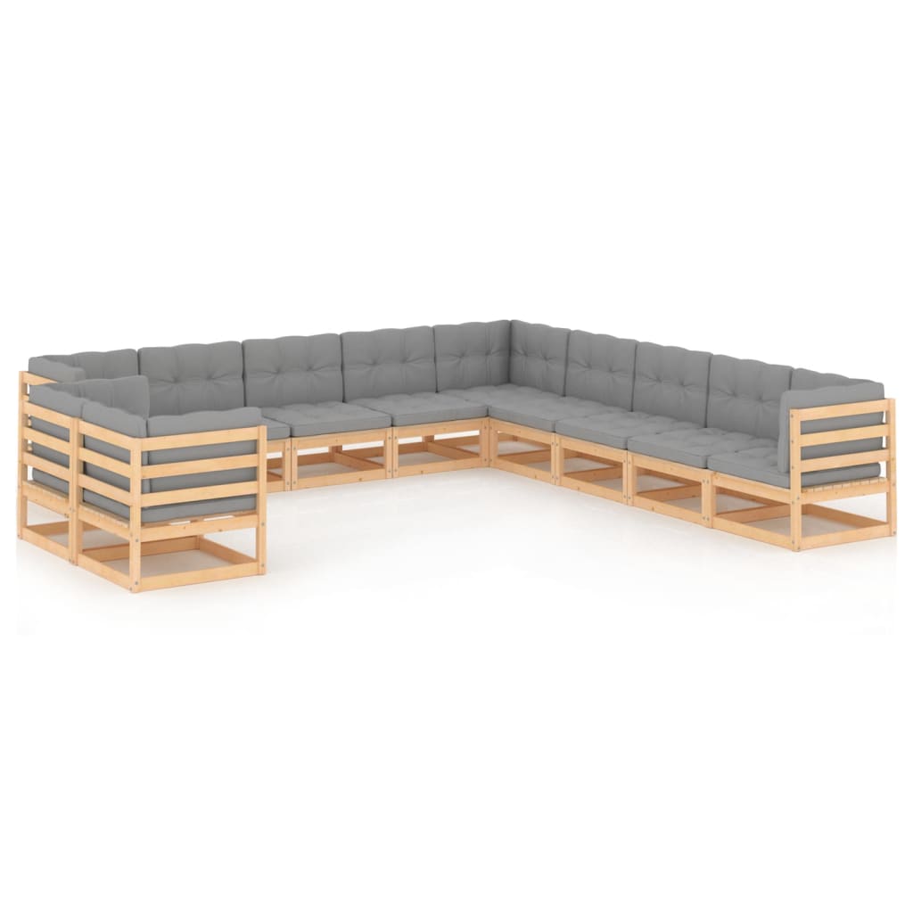 Set mobilier de terasa 11 piese 2 canapele cu perne sezut si spatar, vidaXL, Lemn masiv de pin, Maro/Perne gri