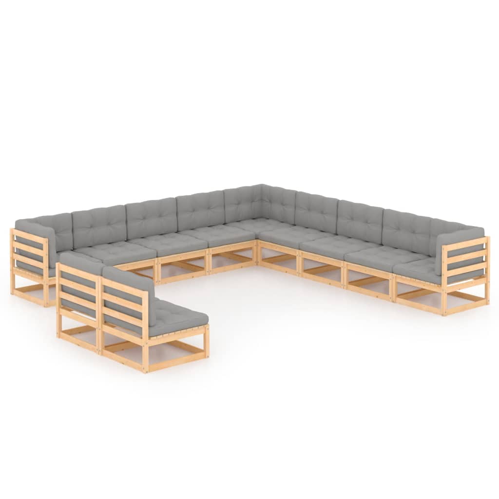 Set mobilier de terasa 11 piese canapele de colt cu perne, vidaXL, Lemn masiv de pin si poliester, Maro cu perne gri