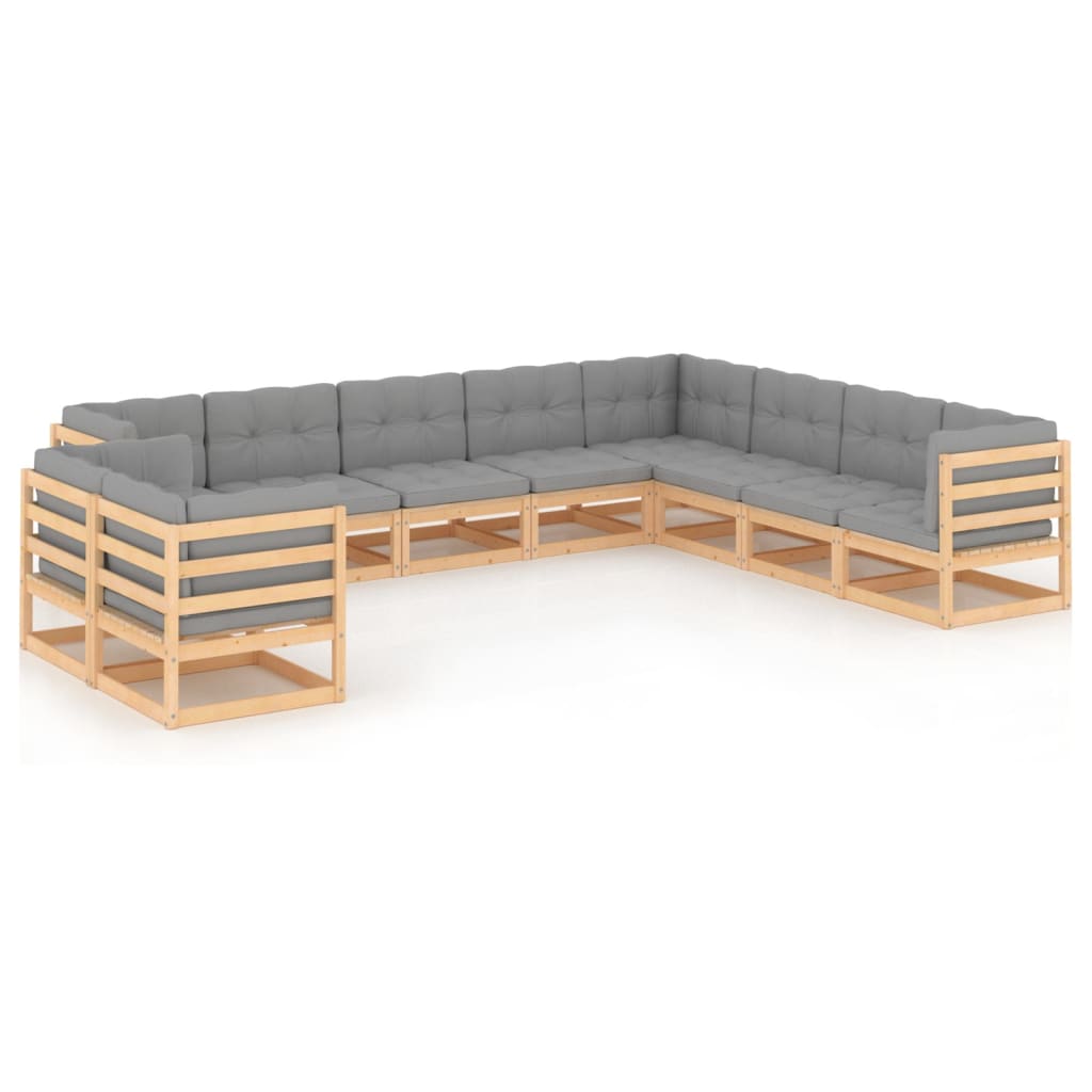 Set mobilier de terasa 10 piese 2 canapele cu perne sezut si spatar, vidaXL, Lemn masiv de pin, Maro/Perne gri