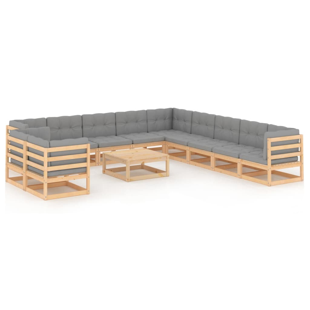 Set mobilier de terasa 12 piese 2 canapele cu perne sezut si spatar si masuta, vidaXL, Lemn masiv de pin, Maro/Perne gri