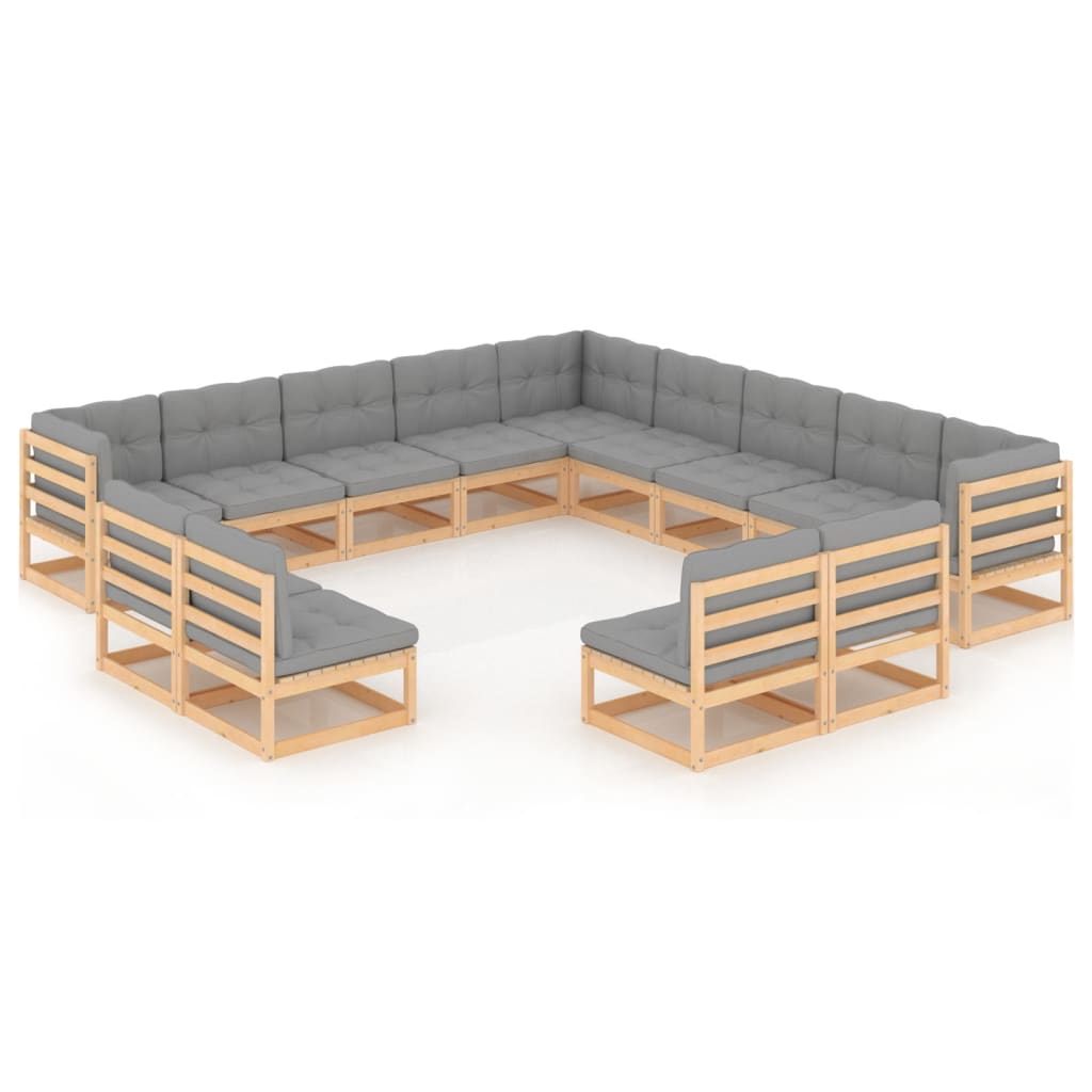 Set mobilier de terasa 13 piese 3 canapele cu perne, vidaXL, Lemn masiv de pin si poliester, Maro cu perne gri