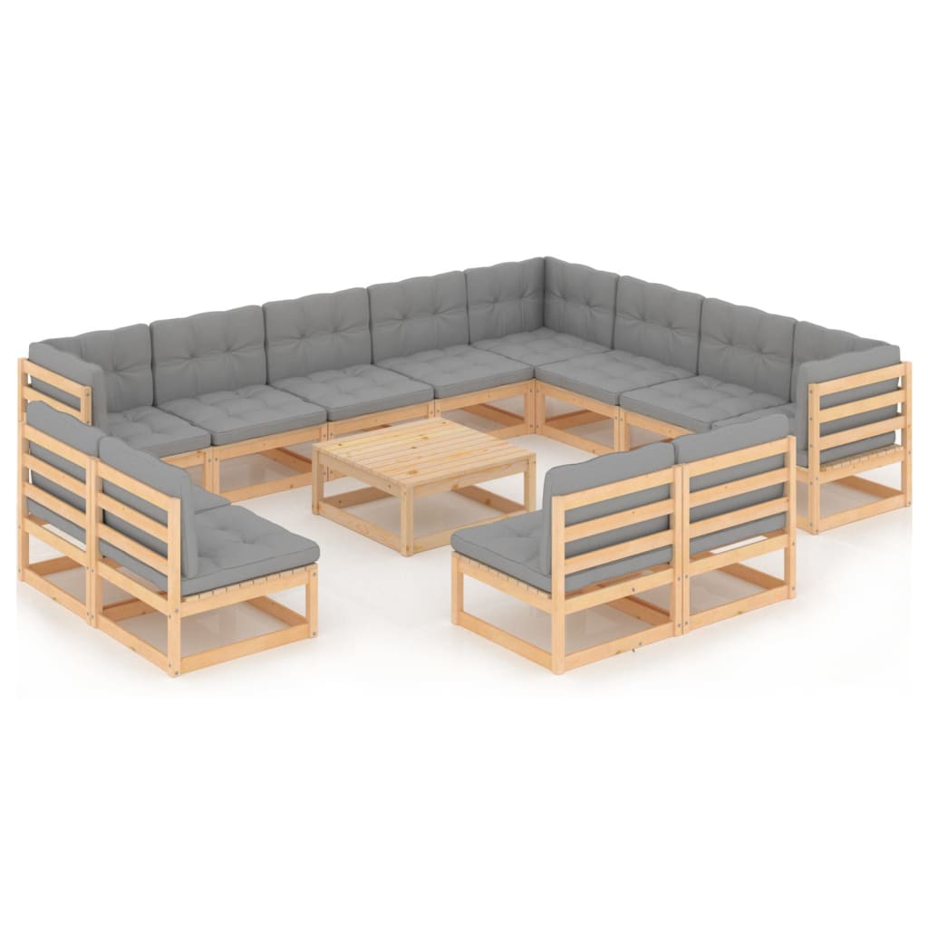 Set mobilier de terasa 13 piese 3 canapele cu perne si masuta, vidaXL, Lemn masiv de pin si poliester, Maro cu perne gri