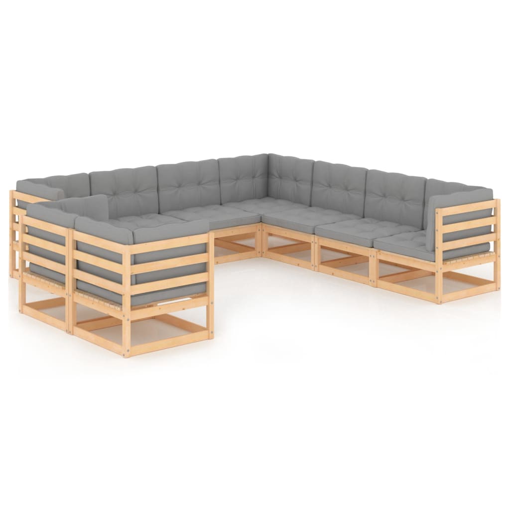 Set mobilier de terasa 9 piese 2 canapele cu perne sezut si spatar, vidaXL, Lemn masiv de pin, Maro/Perne gri