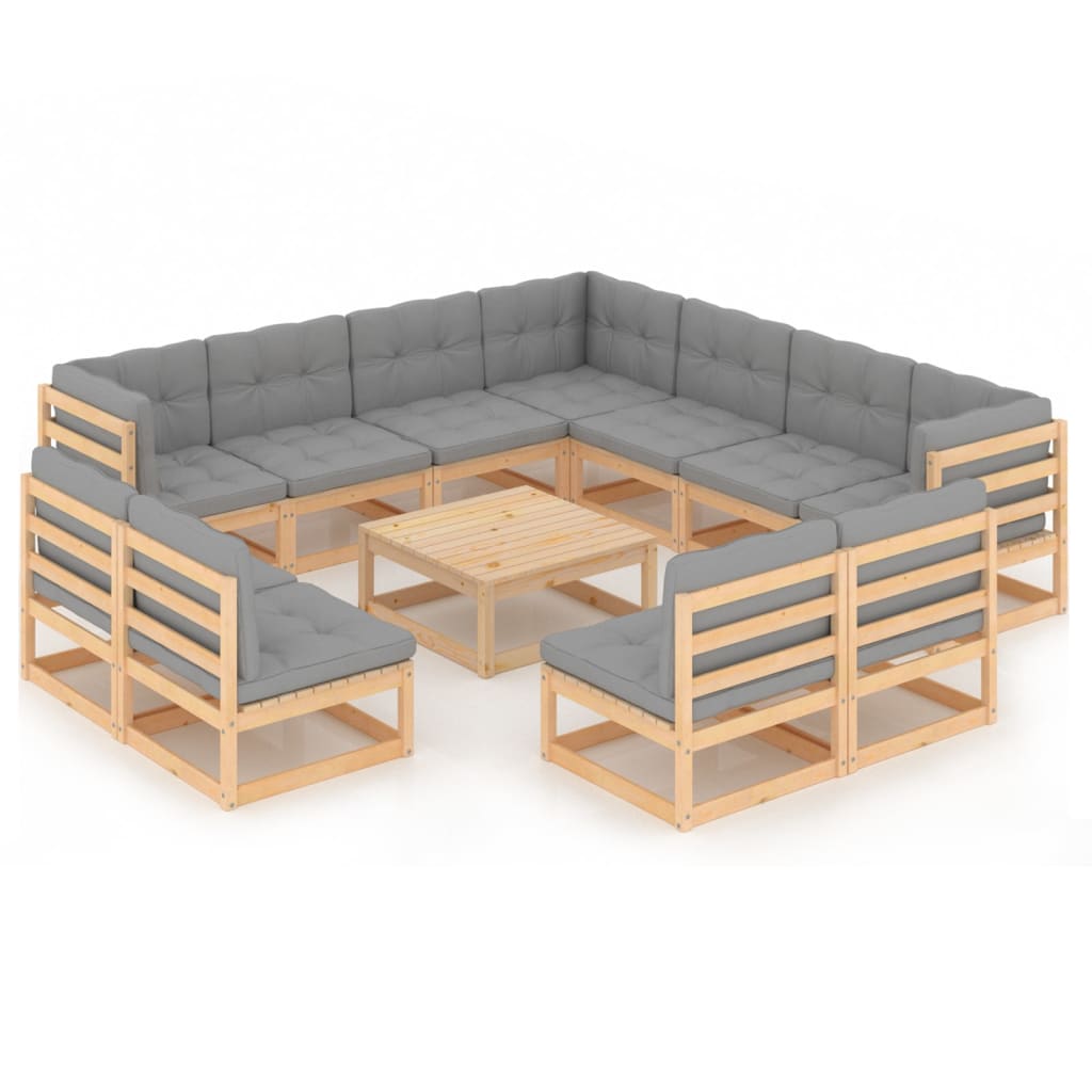 Set mobilier de terasa 12 piese 4 canapele cu perne si masuta, vidaXL, Lemn masiv de pin si poliester, Maro cu perne gri