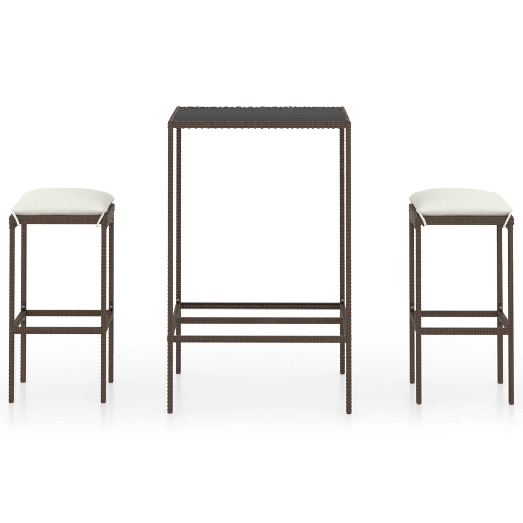 Set mobilier de bar de gradina 3 piese masa cu scaune, vidaXL, Ratan-Otel, 70 x 70 x 110 cm, Maro perne crem