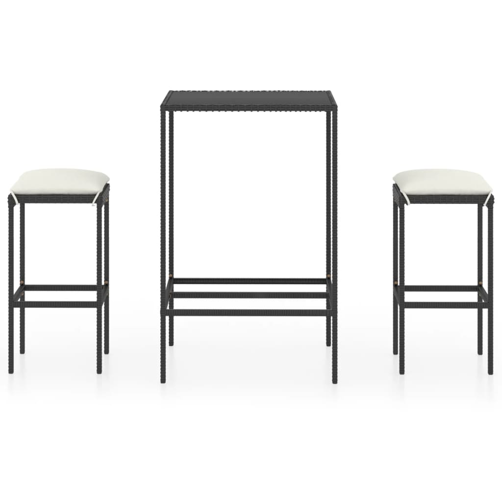 Set mobilier de bar de gradina 3 piese masa cu scaune, vidaXL, Ratan-Otel, 70 x 70 x 110 cm, Negru perne crem