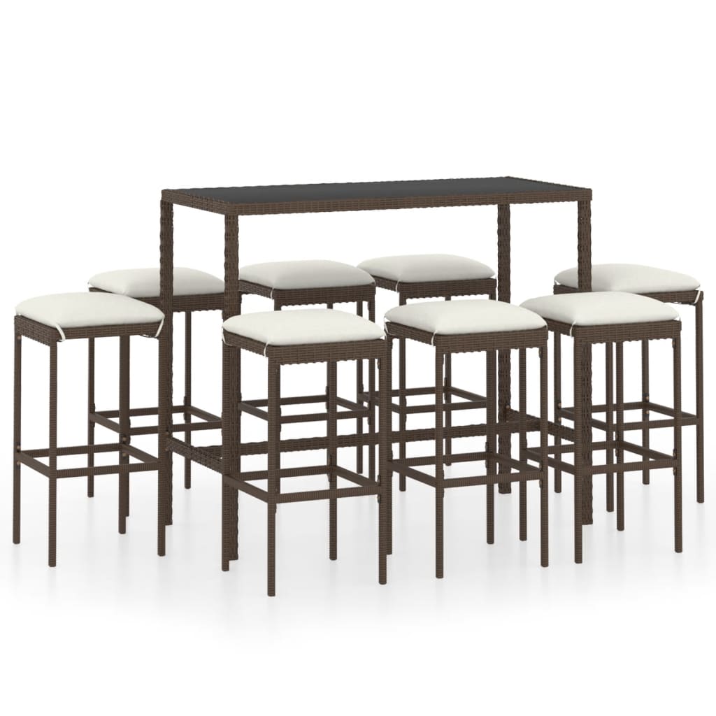 Set mobilier de bar de gradina 9 piese masa cu scaune, vidaXL, Ratan-Otel, 130 x 60 x 110 cm, Maro perne crem