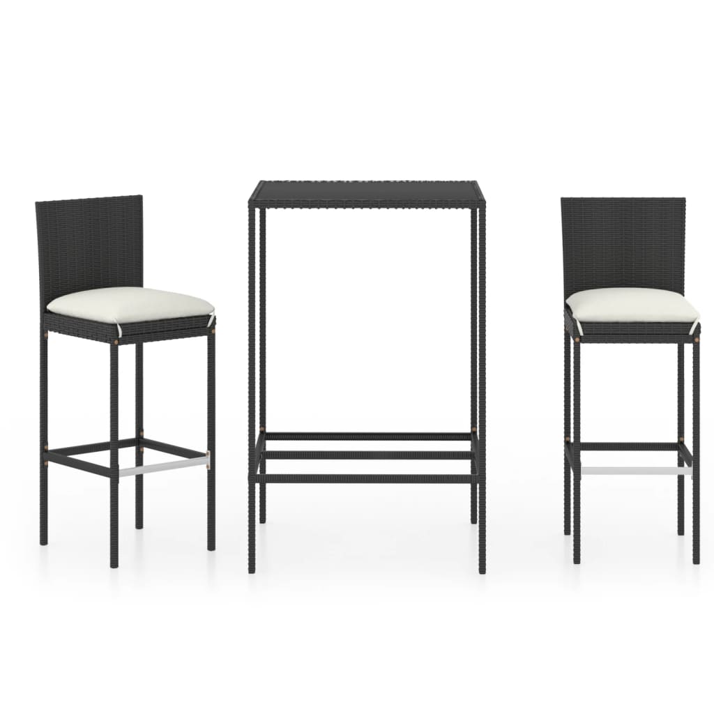 Set mobilier de bar de gradina 3 piese masa cu scaune cu spatar, vidaXL, Ratan-Otel, 70 x 70 x 110 cm, Negru perne crem