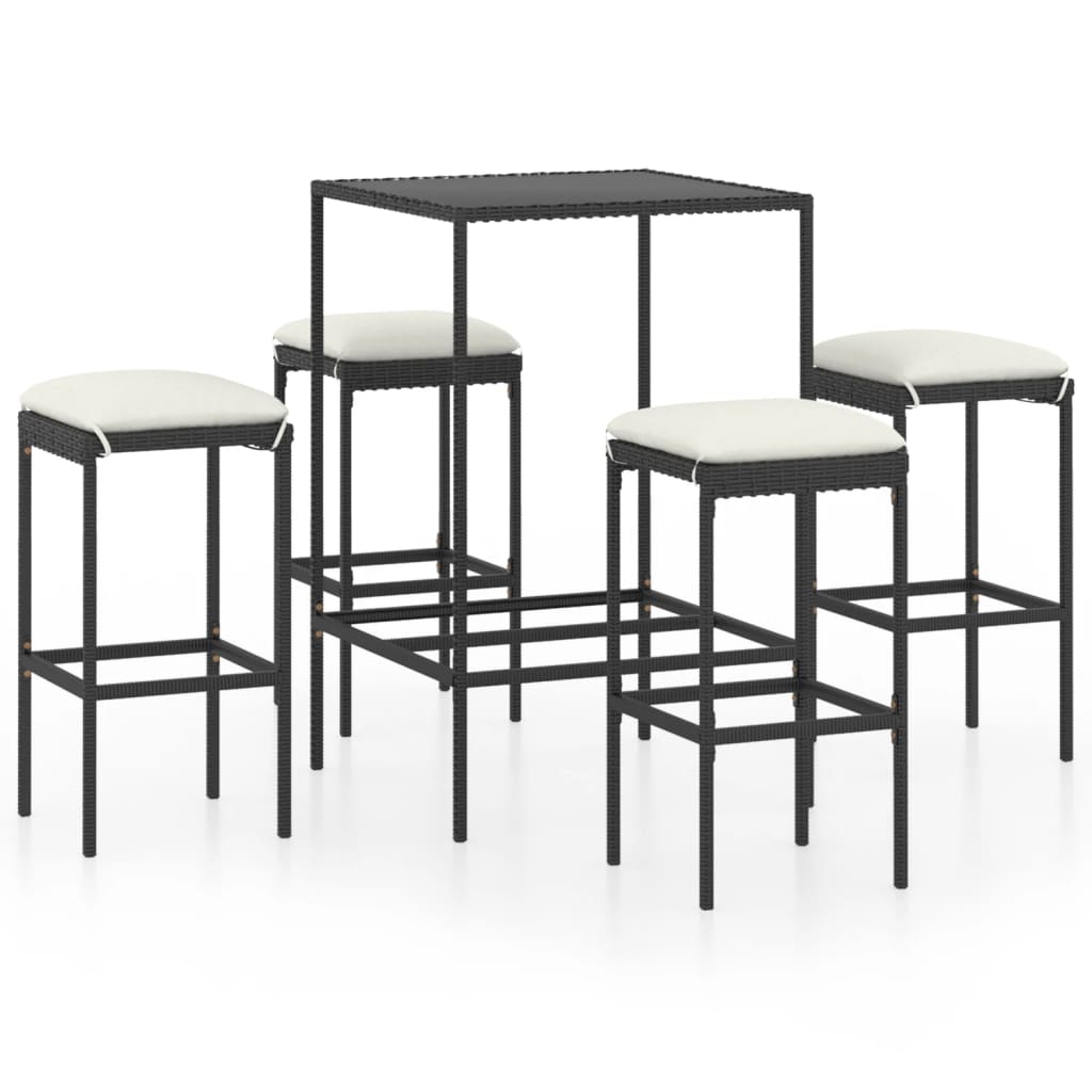 Set mobilier de bar de gradina 5 piese masa cu scaune, vidaXL, Ratan-Otel, 70 x 70 x 110 cm, Negru perne crem