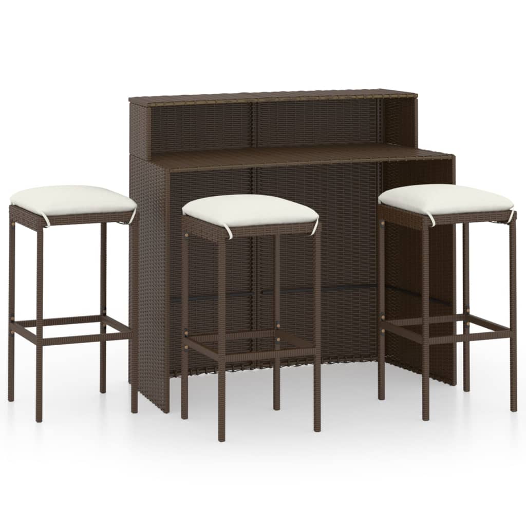 Set bar de gradina 4 piese masa cu 3 scaune, vidaXL, Ratan-Otel-Poliester, 120 x 55 x 110 cm, Maro cu perne crem