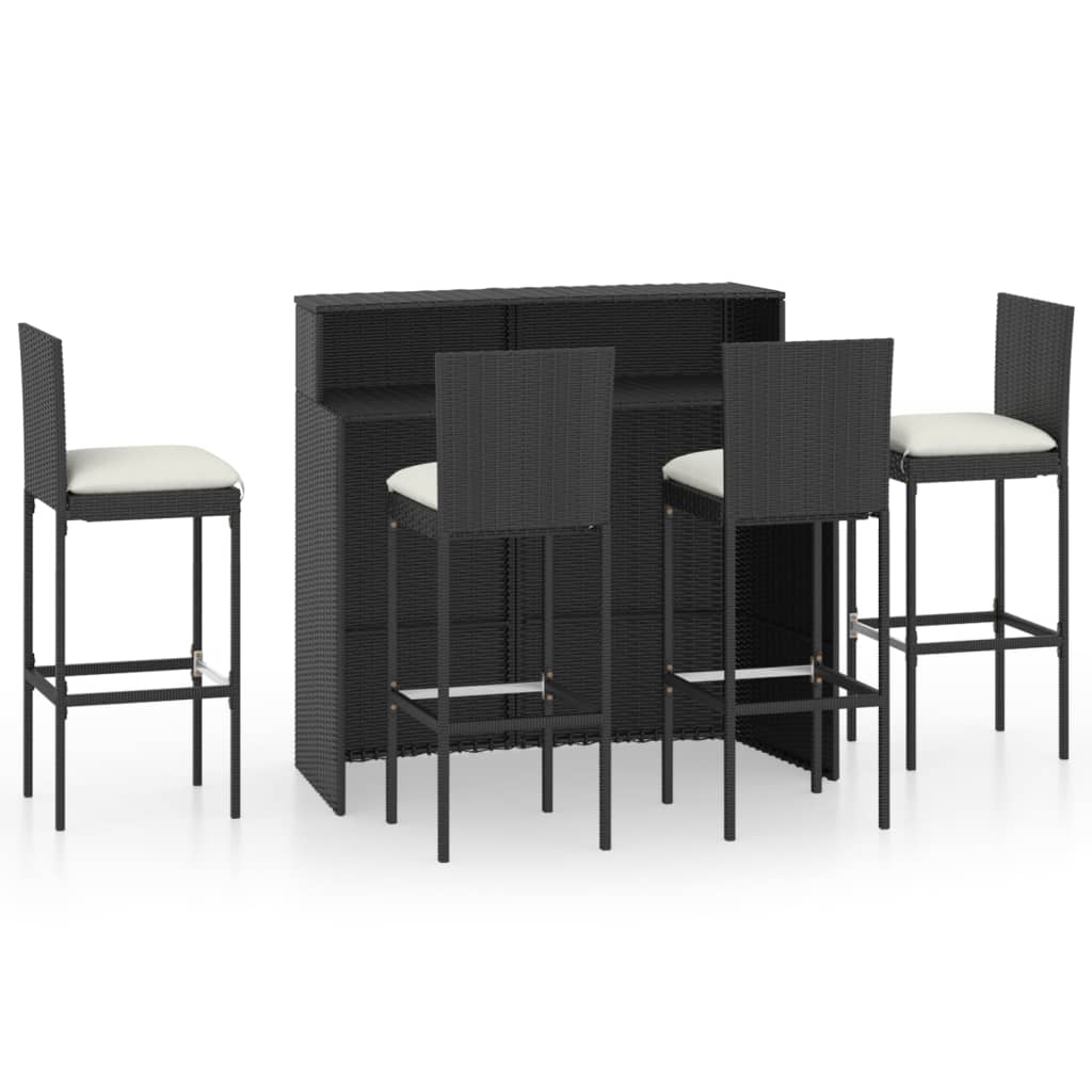 Set bar de gradina 5 piese masa cu 4 scaune cu spatar, vidaXL, Ratan-Otel-Poliester, 120 x 55 x 110 cm, Negru cu perne crem