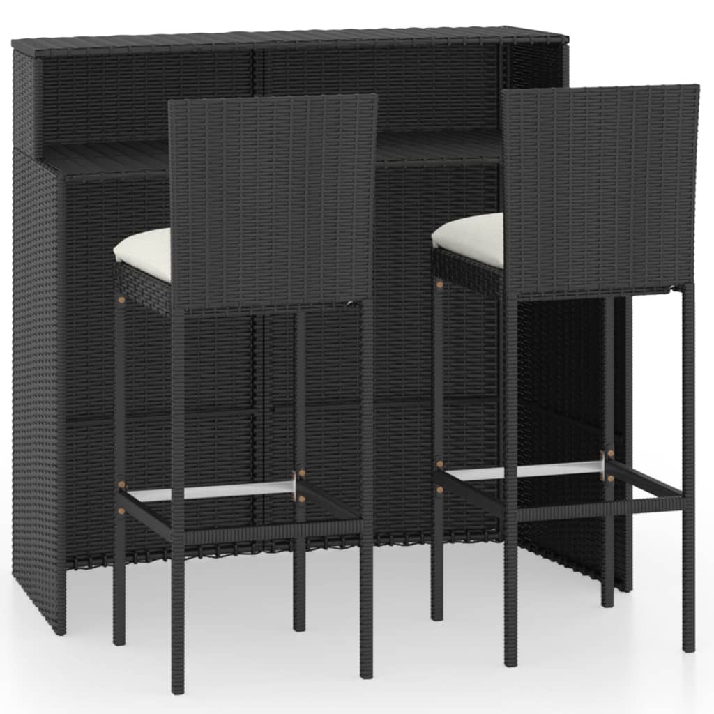 Set bar de gradina 3 piese masa cu 2 scaune cu spatar, vidaXL, Ratan-Otel-Poliester, 120 x 55 x 110 cm, Negru cu perne crem