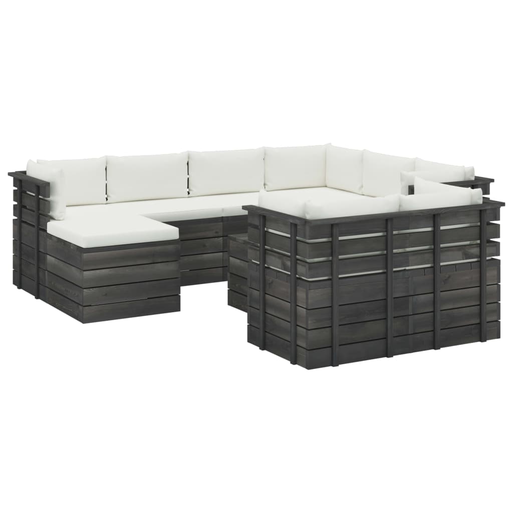 Set mobilier de gradina 10 piese, din paleti cu perne, canapea U cu masuta cafea, vidaXL, Lemn masiv de pin, Gri cu perne crem