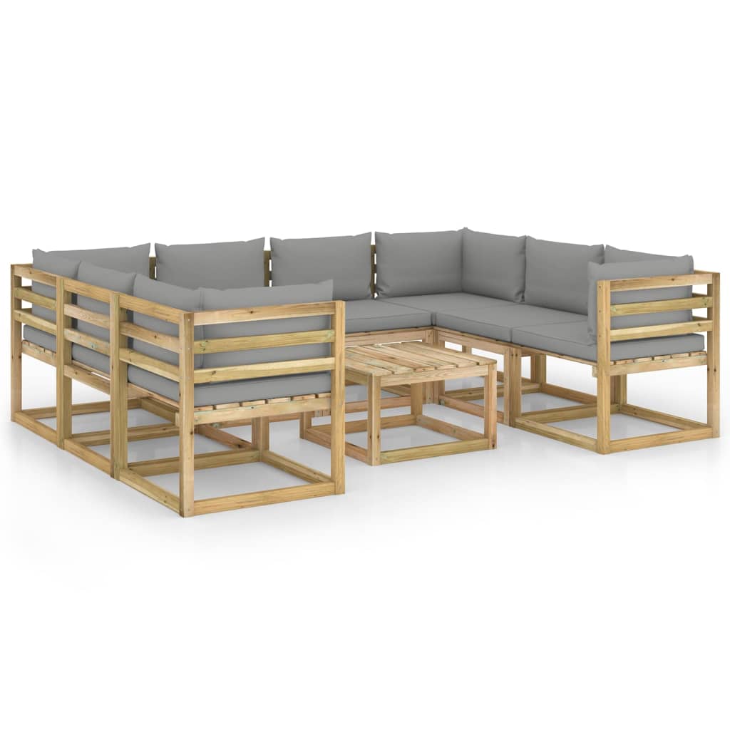 Set mobilier de gradina canapea U cu masuta si perne 9 piese, vidaXL, Lemn de pin tratat, Maro, Perne gri deschis