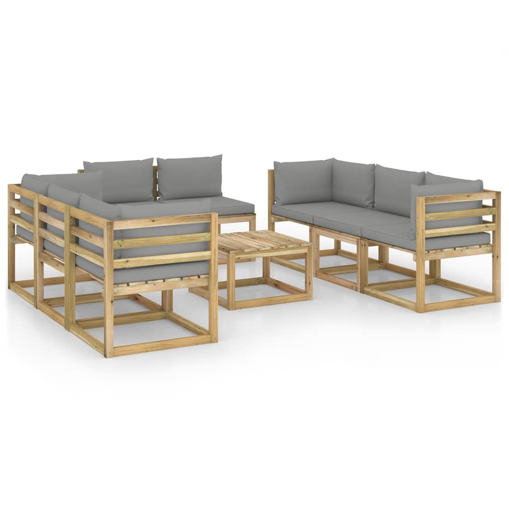 Set mobilier de gradina canapele cu masuta si perne 9 piese, vidaXL, Lemn de pin tratat, Maro, Perne gri deschis