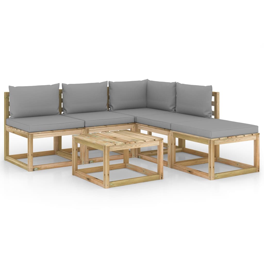 Set mobilier de gradina canapea L cu masuta si perne 6 piese, vidaXL, Lemn de pin tratat, Maro, Perne gri deschis