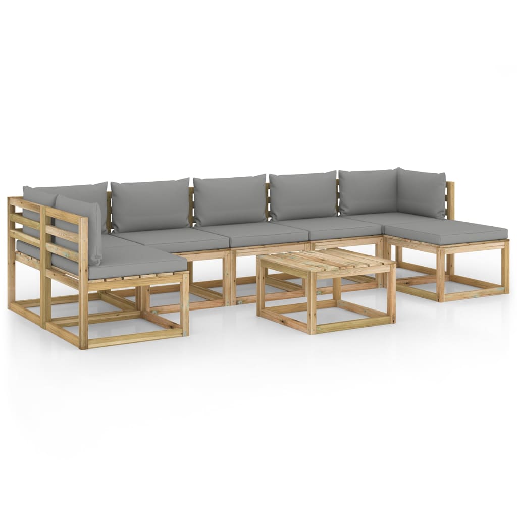 Set mobilier de gradina canapea U cu masuta si perne 8 piese, vidaXL, Lemn de pin tratat, Maro, Perne gri deschis
