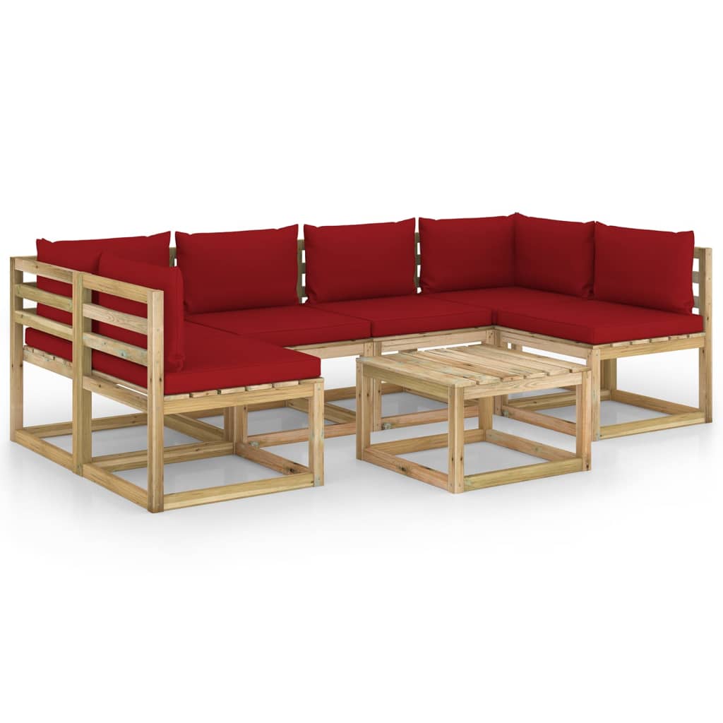 Set mobilier de gradina canapea U cu masuta si perne 7 piese, vidaXL, Lemn de pin tratat, Maro, Perne rosu