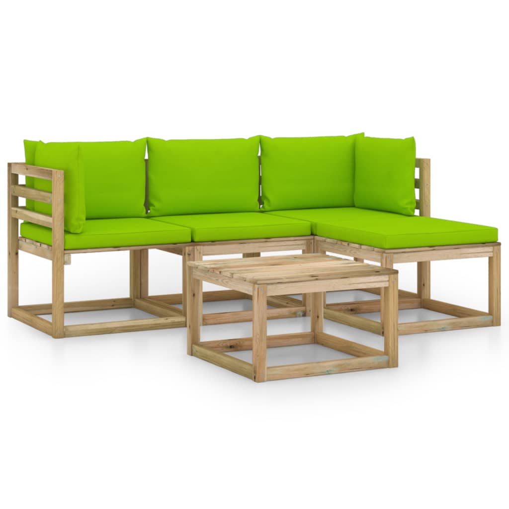 Set mobilier de gradina canapea cu masuta si perne 5 piese, vidaXL, Lemn de pin tratat, Maro, Perne verde aprins